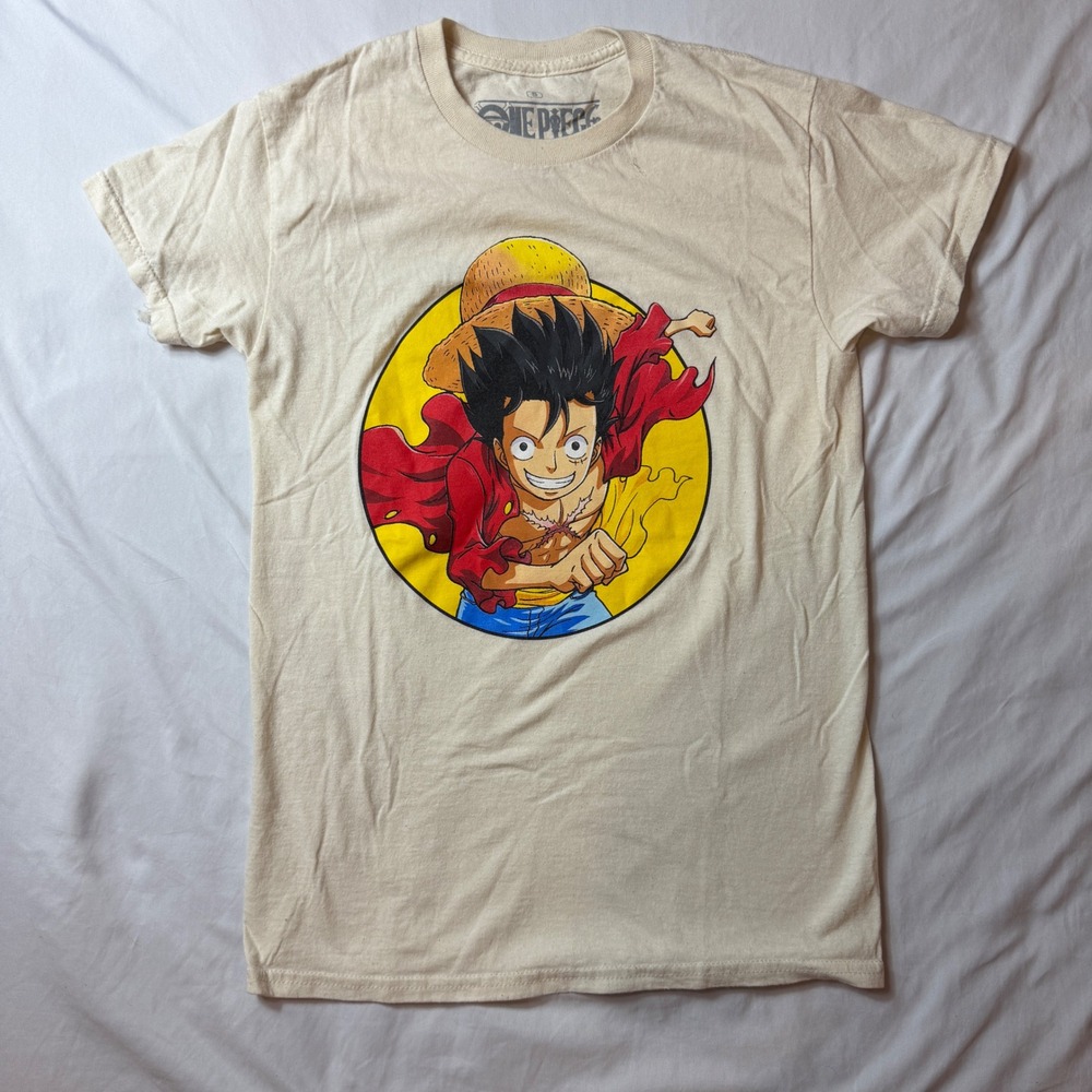 One Piece Monkey D Luffy Graphic T-Shirt Mens Small Cream Anime Cotton Tee